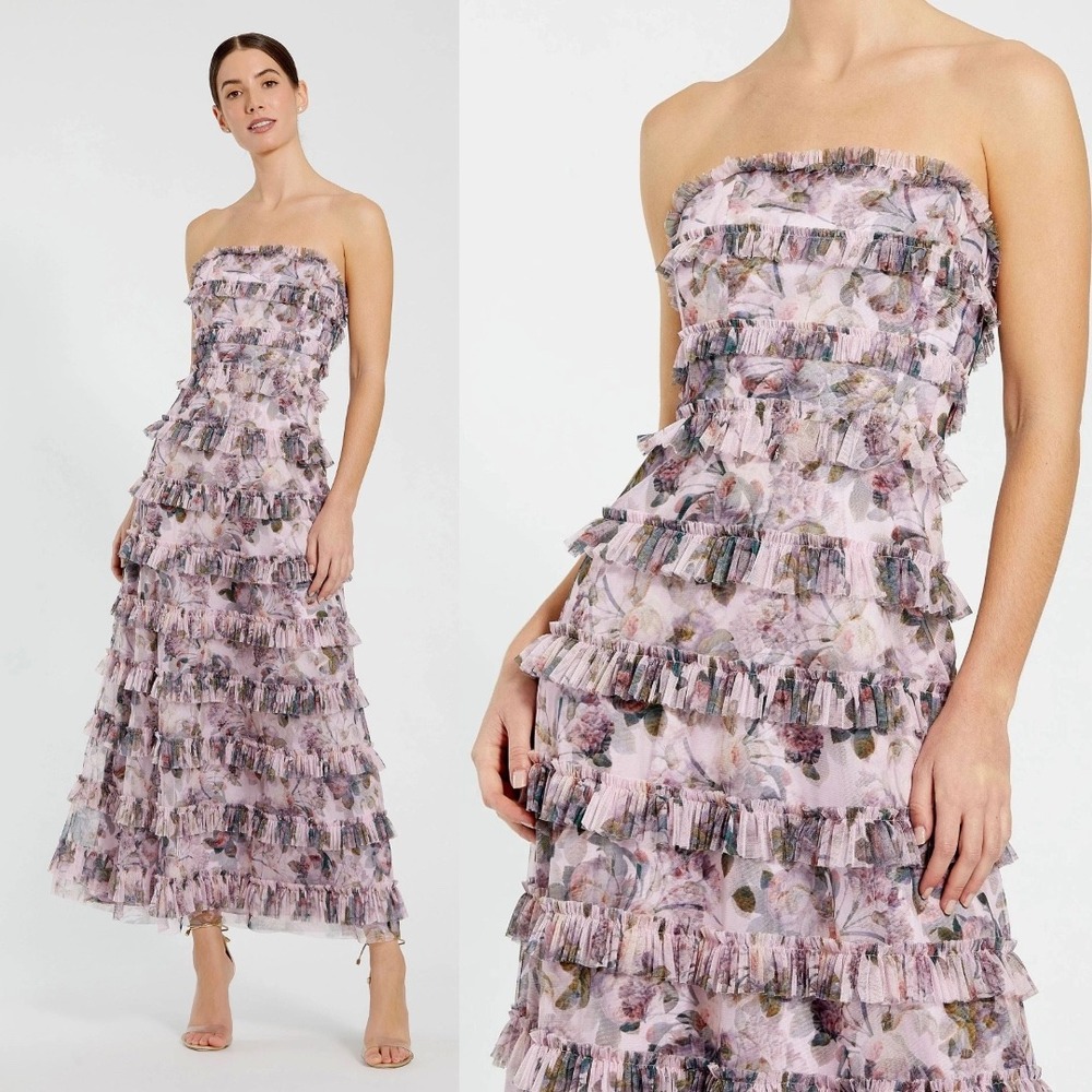 NWT‎ Mac Duggal Purple Strapless Floral Micro Ruffle Dress - Size 14